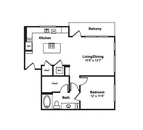 Floor plan for 1 bed, 1 bath, 824 sqft